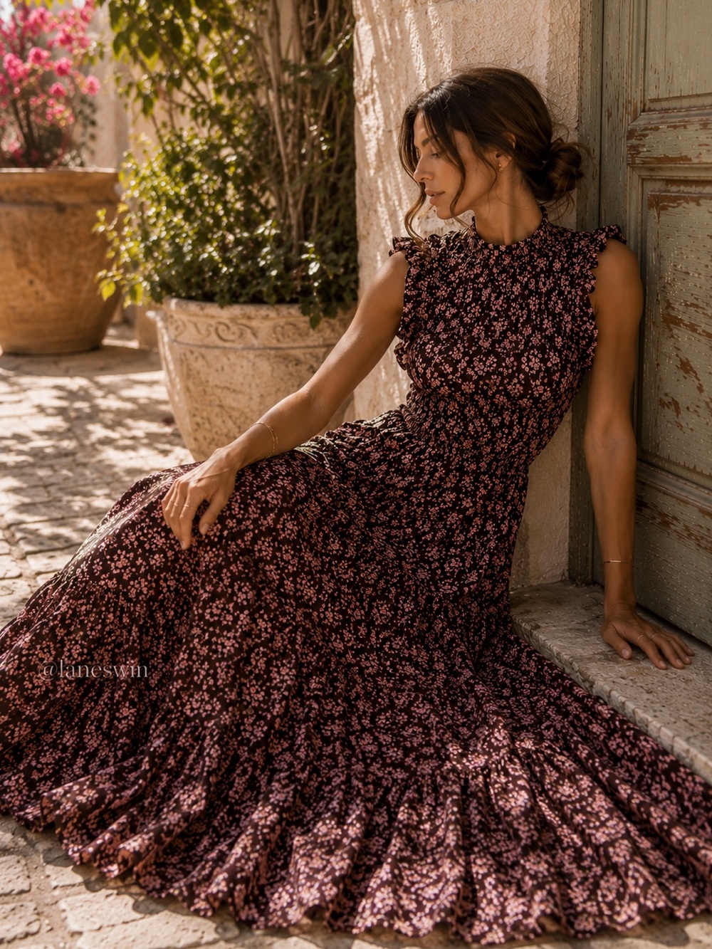 Caroline Constas Floral Ruffle Smocked Maxi Dress Brown Pink NWT - Picture 2 of 10